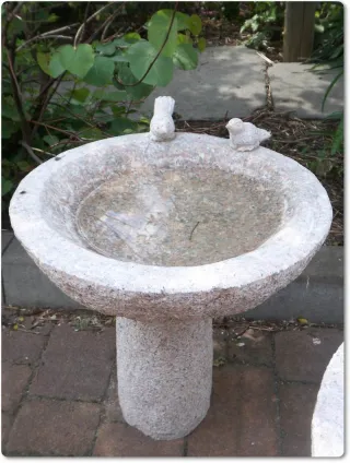 Vogeltränke aus Stein mit zwei kleinen Vögeln auf dem Rand