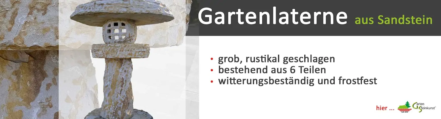 Rustikale grob gehauene Gartenlaterne oder Steinlaterne aus Sandstein