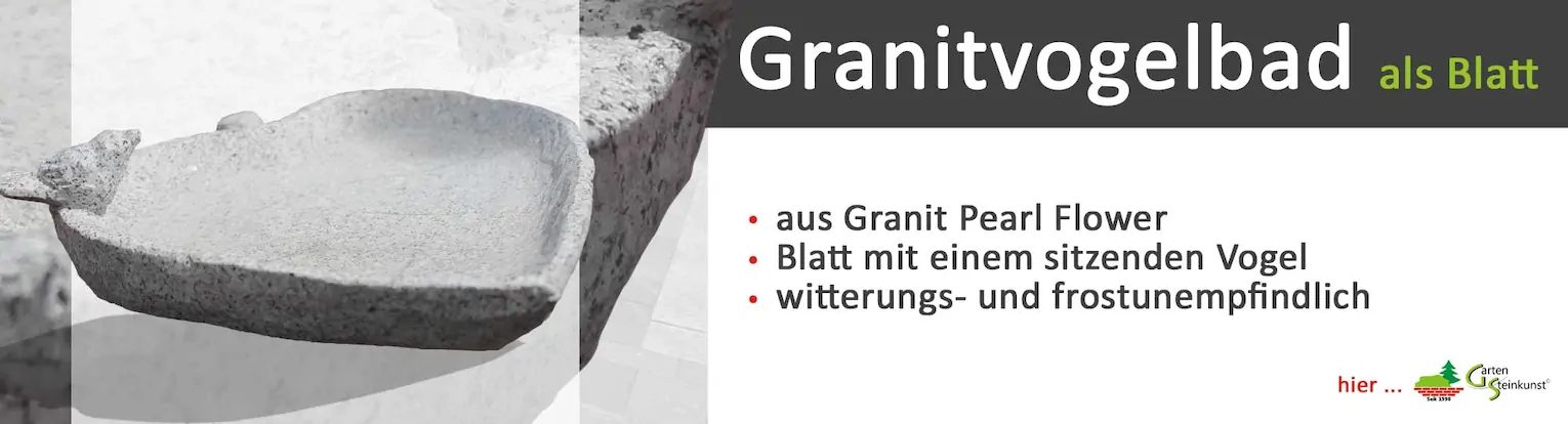 Granitvogelbad als Blatt mit sitzendem Vogel aus Naturstein