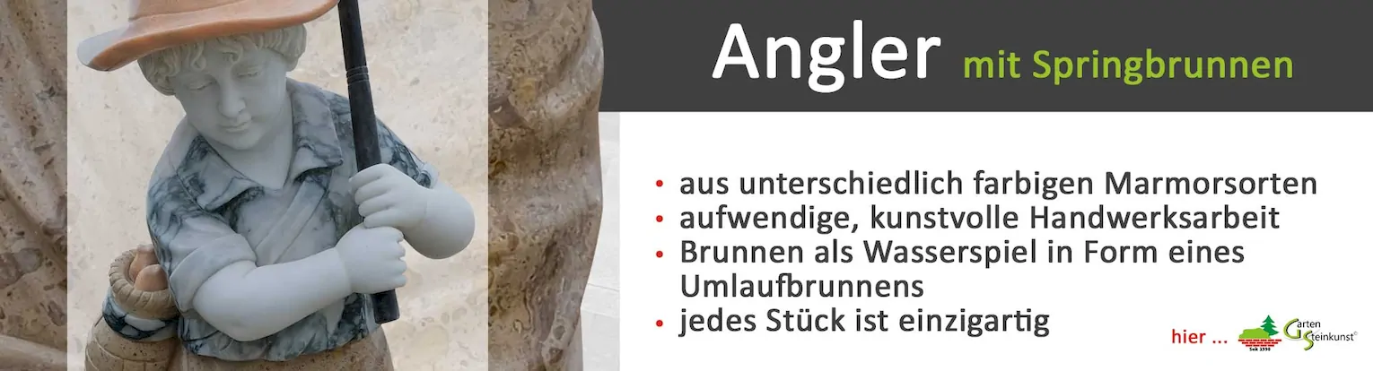 Steinfigur eines Anglers als Springbrunnen aus verschiedenem Marmor