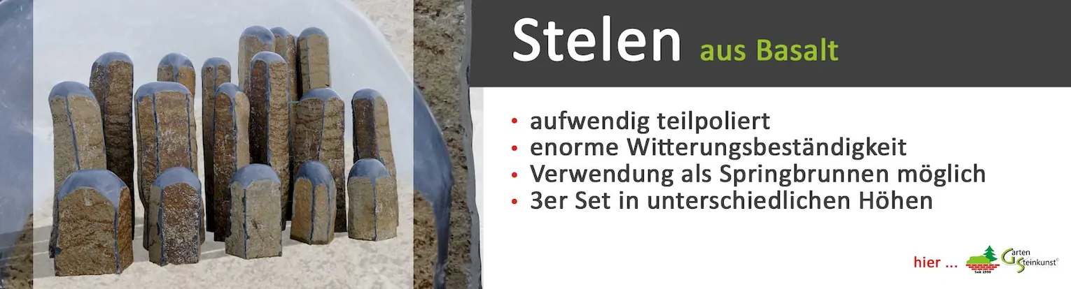 Stelen aus Basalt teilweise poliert für den Garten