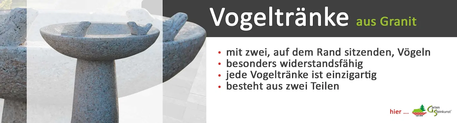 Vogeltränke aus Stein Granit für den Garten mit Standfuß und zwei sitzenden Vögeln